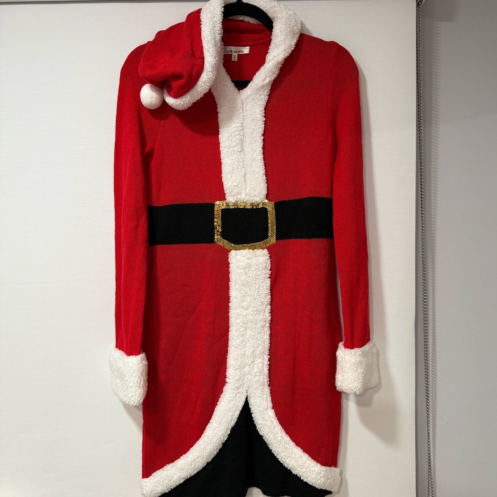 Red Santa-Themed Cardigan with White Trim